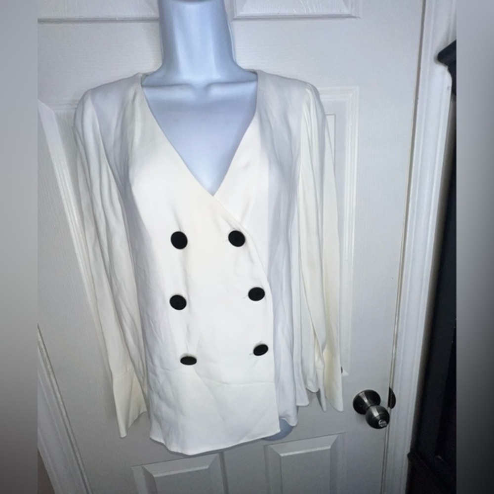 NWT Zara Womens X Small White V-Neck Double Breasted Menswear Blouse Top XS